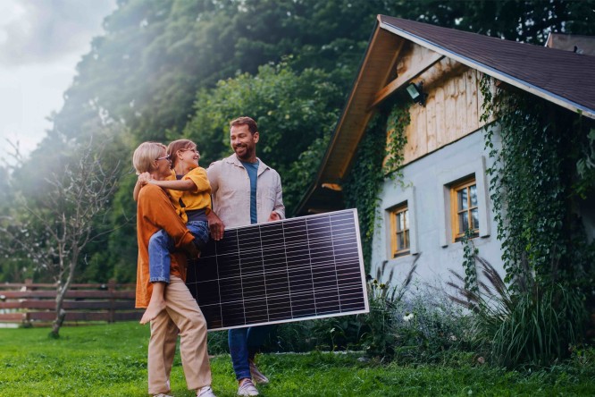  Eine Familie hält ein Solarpanel vor ihrem Haus. Symbol für erneuerbare Energien und nachhaltiges Wohnen. Solarenergie, Solarstrom, Sonnenenergie, Auri Sun, Strom einspeisen